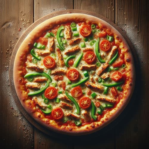 A pizza with peppers, chicken, and tomatoes.