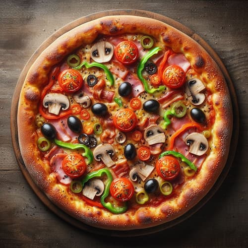 A pizza with mushrooms, olives, peppers, bacon, tomatoes, and sesame seeds.