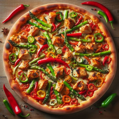 A pizza with spicy peppers, chicken, and asparagus.