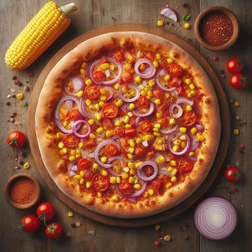 A pizza with corn, red onions, and peppers.