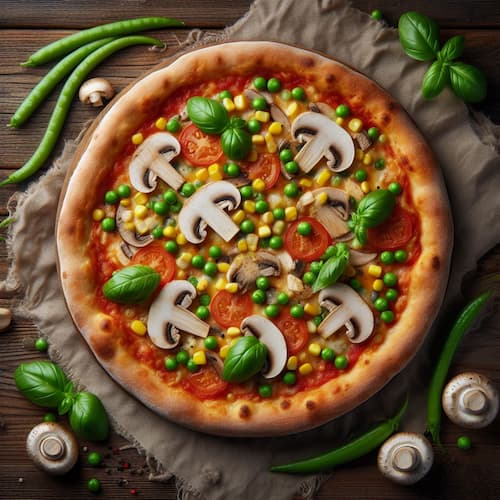 A pizza with mushrooms, basil, peas, and corn.