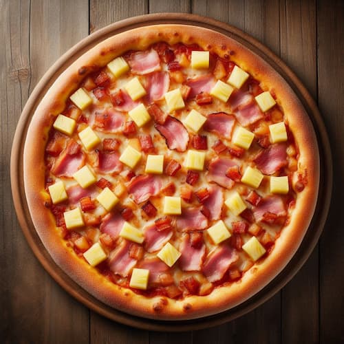 A pizza with juicy pineapple and Canadian bacon.