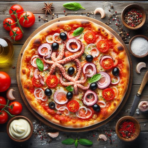 A pizza with octopus, olives, tangy tomatoes, topped with a drizzle of creamy mayonnaise.
