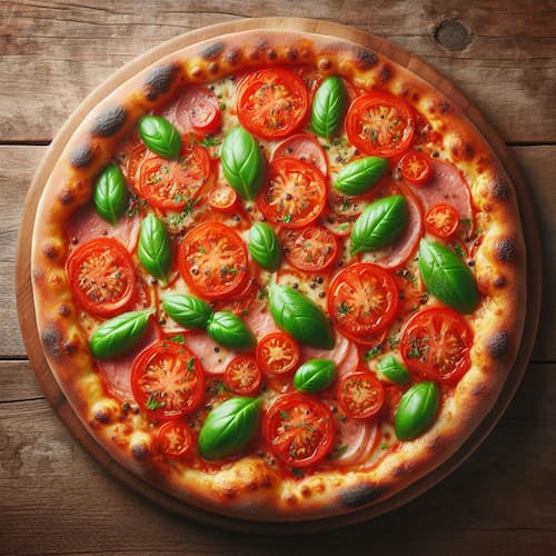 A pizza with tomatoes and basil.