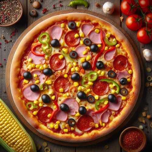 A pizza with olives, pepperoni, banana peppers, ham, and sweet corn.