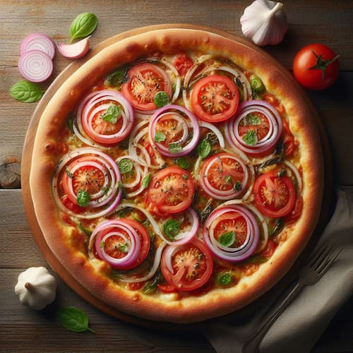 A pizza with sweet onions, tomatoes, garlic, and miso paste.